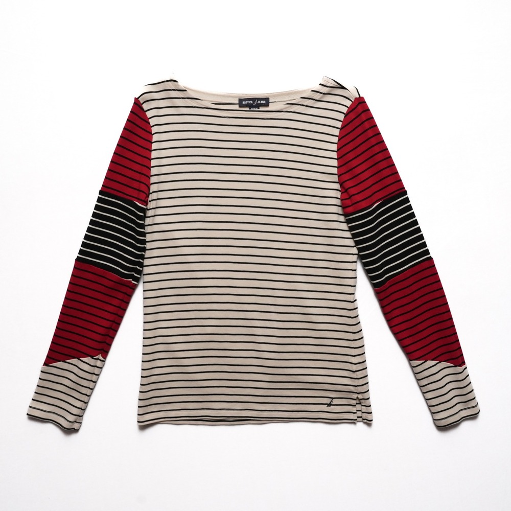 Nautica Jeans Long Sleeve Women Medium Cream Red Stripe‎ Boat Neck Colorblock